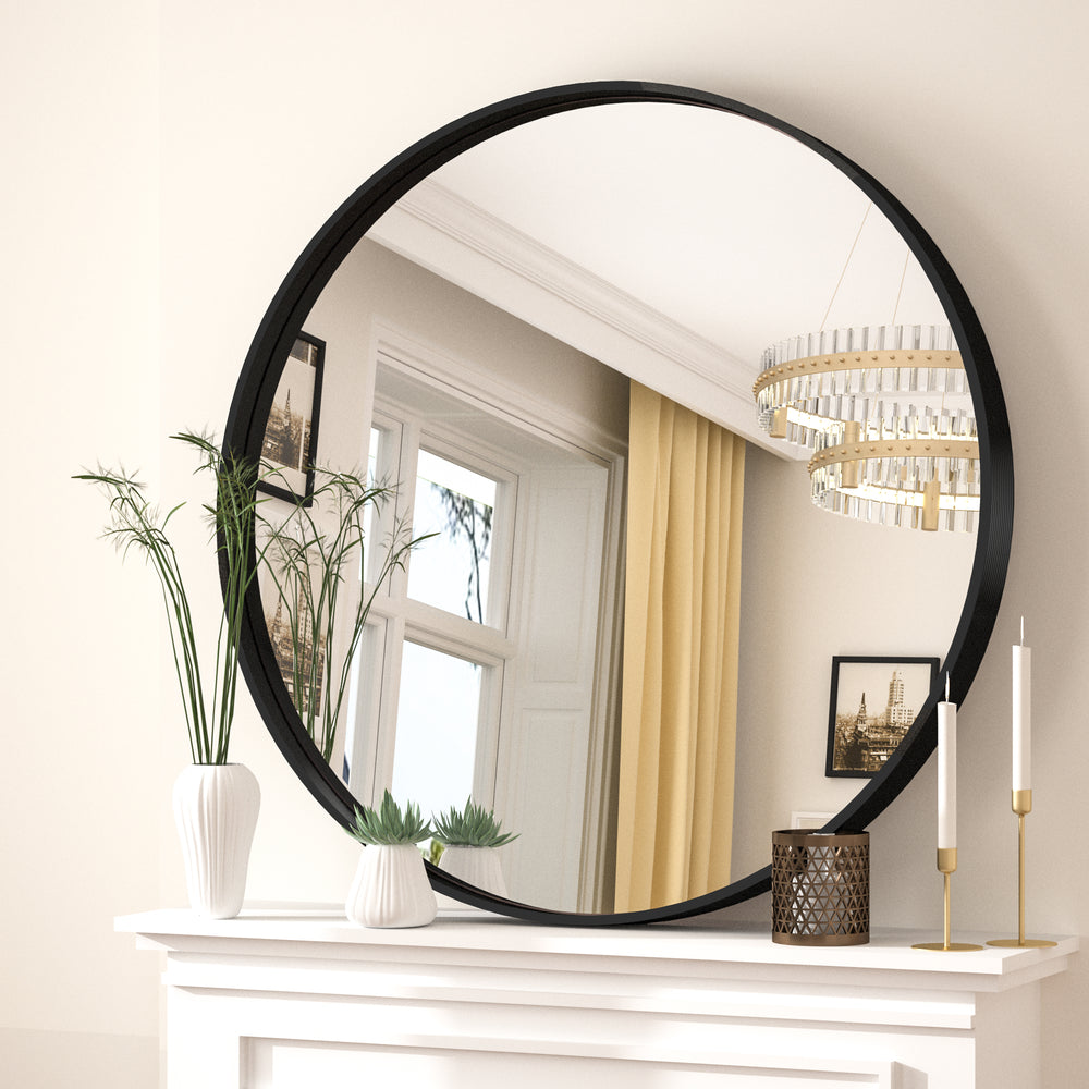 36 Inch | Large Minimalist Circular Deisgn Mirror with Ribbed Texture Aluminum Alloy Metal Frame, for Bedroom/Bathroom Vanity